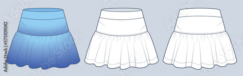 Mini Skirt technical fashion Illustration, blue design. Ruffled Skirt fashion flat technical drawind template, front and back view, white color, women, unisex CAD mockup set.