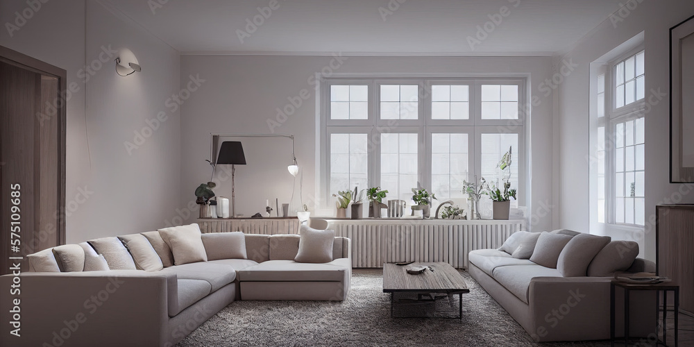 Fototapeta premium Stylish scandinavian living room with design mint sofa, furnitures, mock up poster map, plants and elegant personal accessories. Modern home decor. Bright and sunny room. Generative AI illustration.