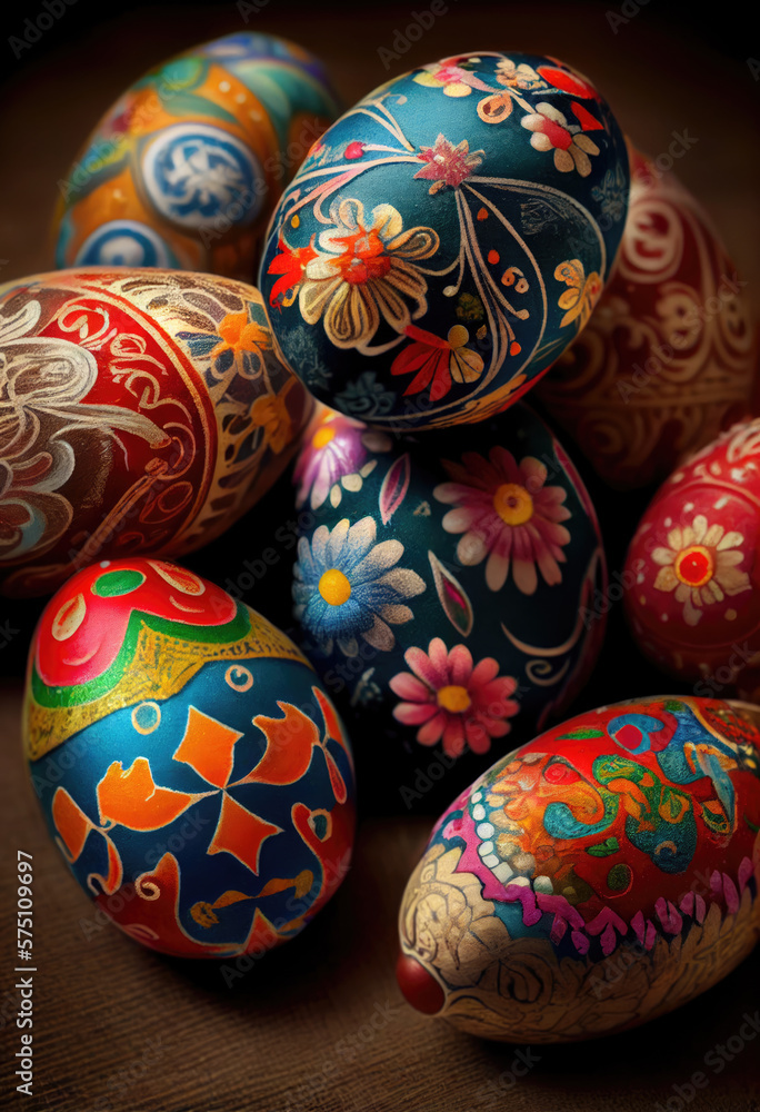 Easter eggs background. Painted easter eggs with floral pattern. Happy Easter, Easter wallpaper. Generative ai illustration Easter eggs background. Painted easter eggs with floral pattern. Happy Easter, Easter wallpaper. Generative ai illustration