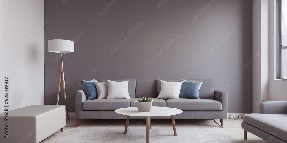 Fototapeta premium Stylish scandinavian living room with design mint sofa, furnitures, mock up poster map, plants and elegant personal accessories. Modern home decor. Bright and sunny room. Generative AI illustration.