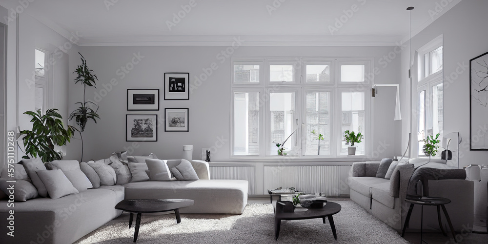 Fototapeta premium Stylish scandinavian living room with design mint sofa, furnitures, mock up poster map, plants and elegant personal accessories. Modern home decor. Bright and sunny room. Generative AI illustration.