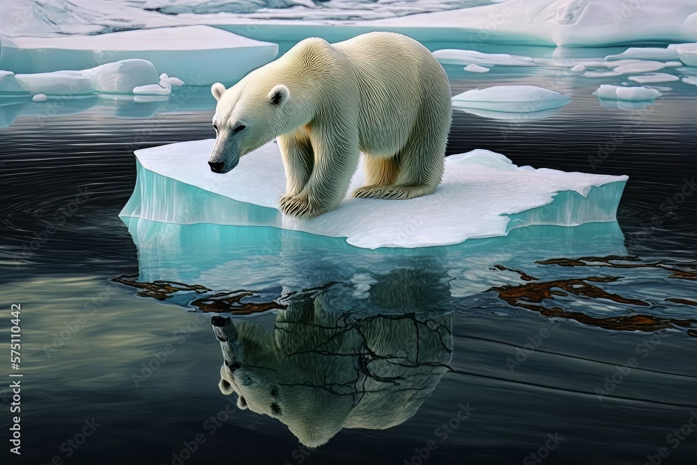 A Polar Bear on a Melting Iceberg and Ice Floes in Antarctica. Glacier is melting. The effect of global warming. Climate change. Nature damaged. Generative AI
