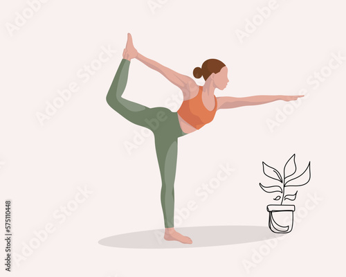 Brunett girl doing yoga pilates gymnastics sport in orange and green sport form in faceless style on background with drawing flowers