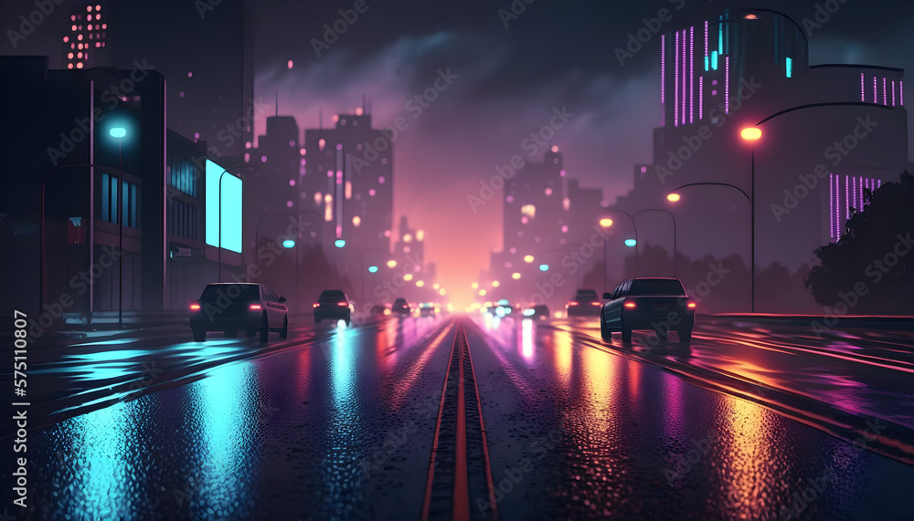 road to the night city in neon lights, night in neon style
