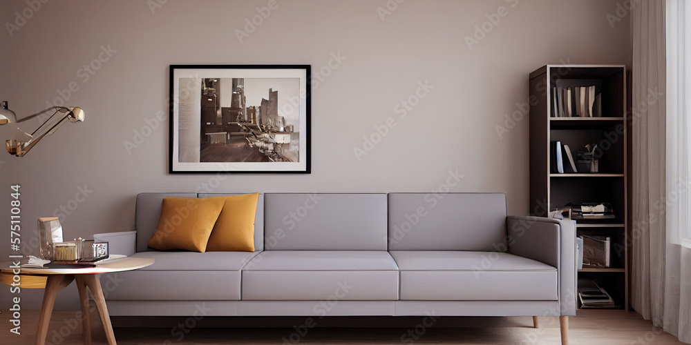 Fototapeta premium Stylish scandinavian living room with design mint sofa, furnitures, mock up poster map, plants and elegant personal accessories. Modern home decor. Bright and sunny room. Generative AI illustration.