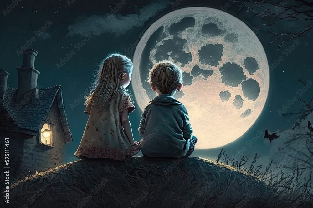 Boy and a girl sit and look at the starry sky and the moon. Generative ...