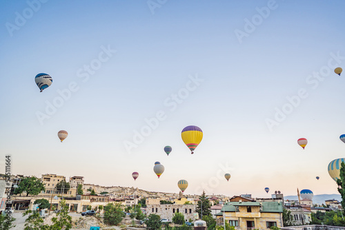 Colorful hot air balloon flying over Cappadocia, Turkey