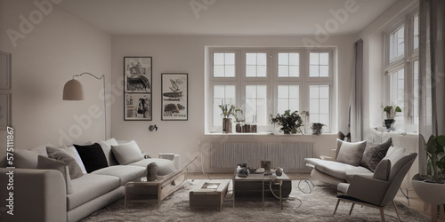 Wallpaper Mural Stylish scandinavian living room with design mint sofa, furnitures, mock up poster map, plants and elegant personal accessories. Modern home decor. Bright and sunny room. Generative AI illustration. Torontodigital.ca