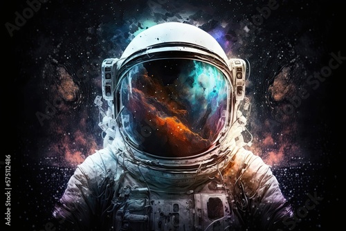 Astronaut in space suit with galaxy and nebula reflection in helmet glass. Generative AI