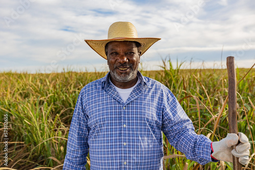 Black male farmer smiling. Brazilian farmer. Family farming. Sugar cane. Closed Plan. photo