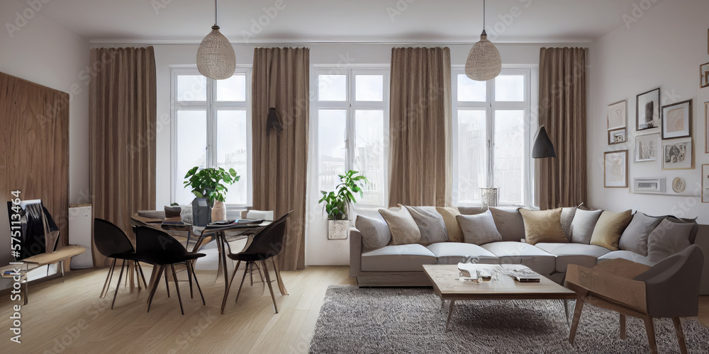 Stylish scandinavian living room with design mint sofa, furnitures, mock up poster map, plants and elegant personal accessories. Modern home decor. Bright and sunny room. Generative AI illustration. Stylish scandinavian living room with design mint sofa, furnitures, mock up poster map, plants and elegant personal accessories. Modern home decor. Bright and sunny room. Generative AI illustration.