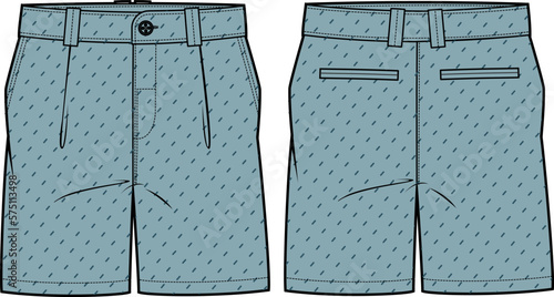 Chino sartorial suit Shorts design flat sketch vector illustration, formal shorts concept with front and back view, printed walking bermuda shorts design illustration