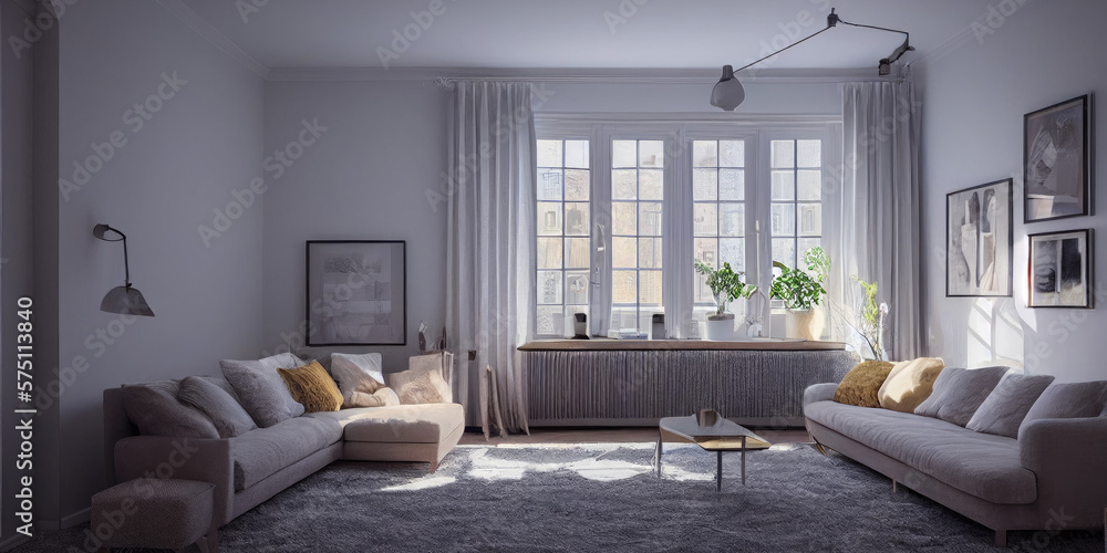 Obraz premium Stylish scandinavian living room with design mint sofa, furnitures, mock up poster map, plants and elegant personal accessories. Modern home decor. Bright and sunny room. Generative AI illustration.
