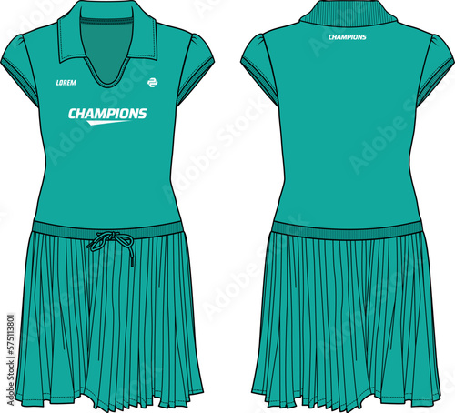 Women polo color tennis dress pleated mini skirt sports top jersey design flat sketch fashion Illustration suitable for girls and Ladies, dress for tennis, netball, badminton sport kit