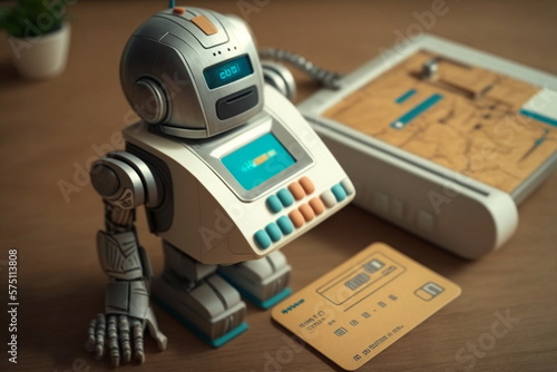 Adorable humanoid robot processed card on terminal. Robot work on shop POS system. Generative AI