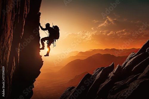 Man climbs up mountain, climber on rock wall at sunset. Generative AI