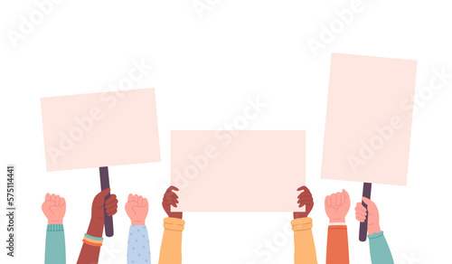 People of different races, nationalities holding banners and placards. Activism, social movement, demonstration. Democracy, rally and protest. Vector illustration in flat style