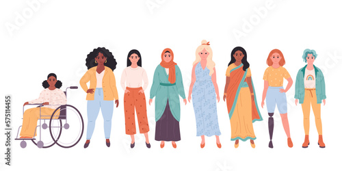 Women of different races, nationalities. Women with physical disability. Feminism, women equality, empowerment. Vector illustration in flat style