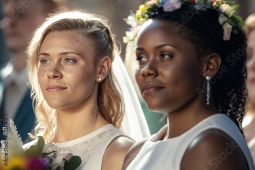 Freedom of marriage. Happy interracial lesbian couple on the LGBT same-sex wedding ceremony.