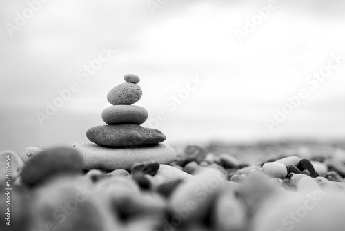 stones on the beach. Black and white toned image 