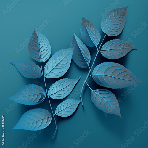 Generative illustration AI of Blue leaves on blue background