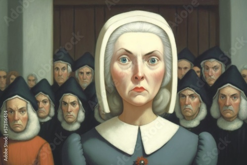 Oil Painting Style Illustration of a Witch Trial. Accusatory Old Pilgrim Woman and Evil Pilgrim Men. [Sci-Fi, Fantasy, Historic, Horror Character. Graphic Novel, Video Game, Comic Portrait.]