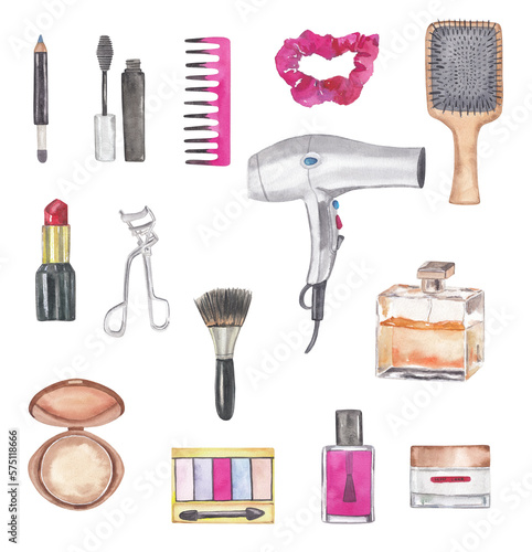 Set of Cosmetic watercolor illustrations Mascara, lipstick, hair brush, cosmetic pencil, face cream  Beauty stuff clipart Gaphic design element Greeting design, postcard, invitation, scrapbooking