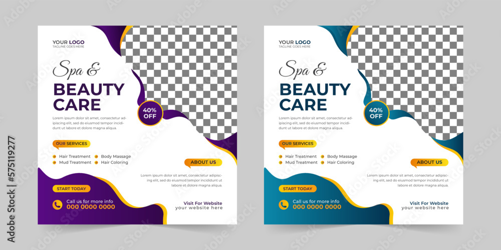 Modern Spa Beauty Center social media post, Digital marketing promotion ads sales, and discount web banner vector template design
