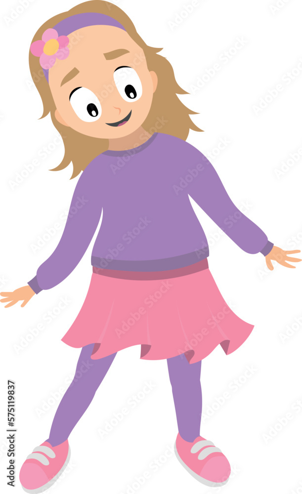 Cute happy cartoon girl with headdress and pink skirt. Vector illustration of smiling kid isolated on white background. Clothes for spring or autumn season. Cute happy cartoon girl with headdress and pink skirt. Vector illustration of smiling kid isolated on white background. Clothes for spring or autumn season.