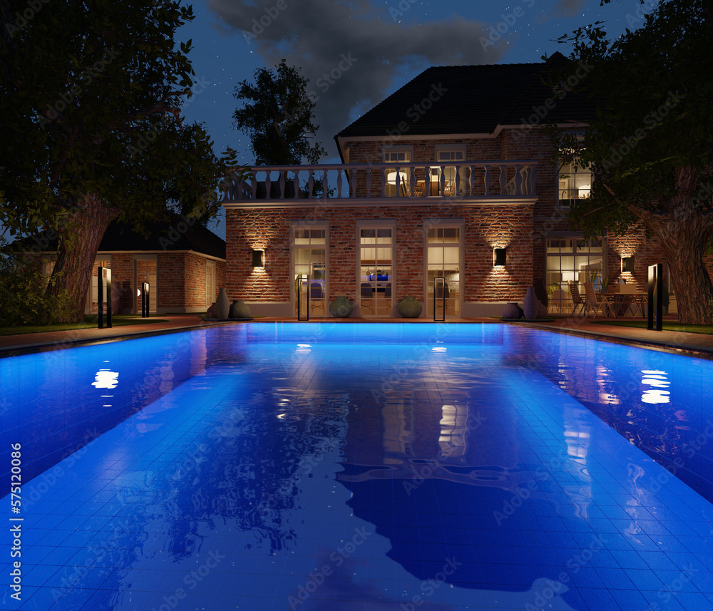 A 3d rendered illustration from a villa with a swimming pool by night.
