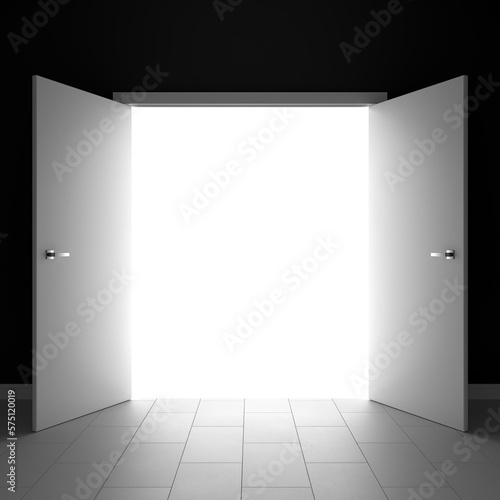 Mock-up scene with open doors. The concept of going out. Minimalist style. 3d rendering. 