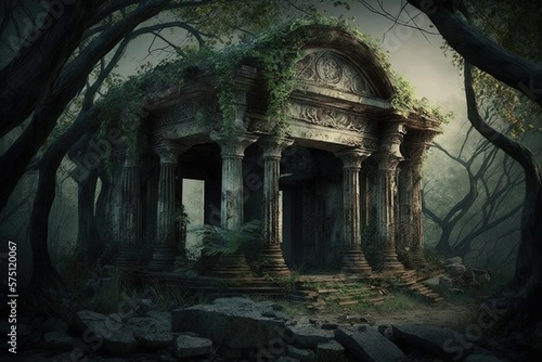 Forgotten Relic - A Magical Picture Showing the Aging Buried Ruins of a Sacred Structure Generative AI