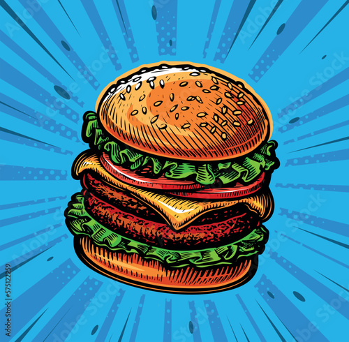 Big tasty cheeseburger in style retro pop art comic. Burger, Fast food restaurant. Vector illustration