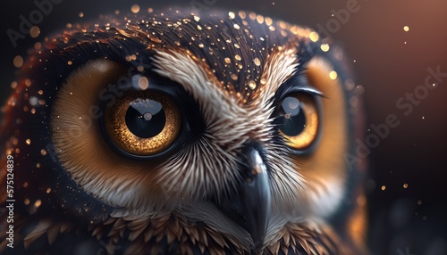 Close-up portrait of an owl with golden sparkles on a dark background. Generative AI.