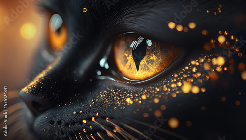 Close up portrait of a black cat with gold glitter. Generative AI.