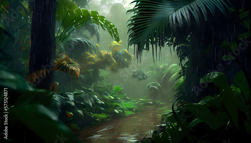 heavy rain in tropical jungle forest, tropical forest in the rain, large exotic plants in the forest. Green background
