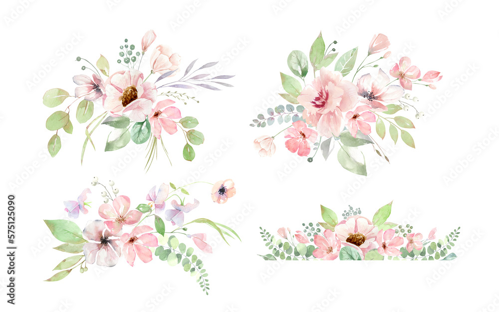 Wreaths, bouquets and frames of watercolor spring flowers for invitations, cards, holiday background, scrapbooking. Watercolor design, Delicate pink flowers, green foliage, golden linear frames.
