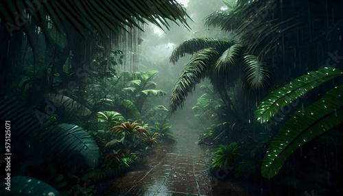 path in rain forest, tropical forest in the rain, large exotic plants in the forest. Green background