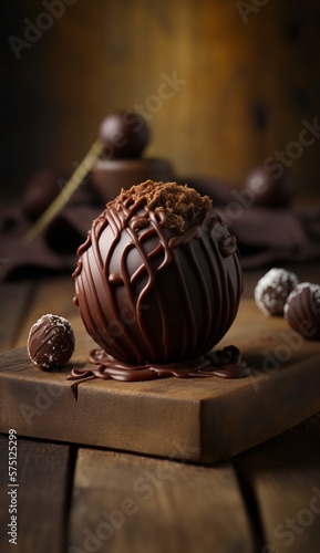 chocolate truffle over wooden table. easter chocolate concept. ai generative content photo