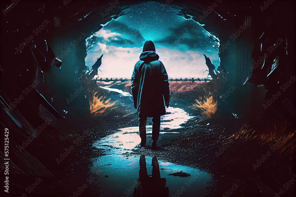 Naklejka premium silhouette of a person walking in the night toward a gate, Generative AI illustration