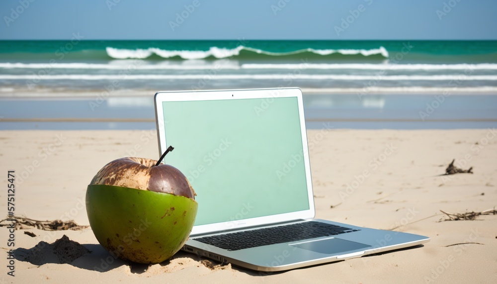 working remotely with the laptop on a beach, drinking coconut water and enjoying the sunny day. ai generative working remotely with the laptop on a beach, drinking coconut water and enjoying the sunny day. ai generative
