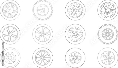 Set of Different Outlined Vehicle Rims and Tires