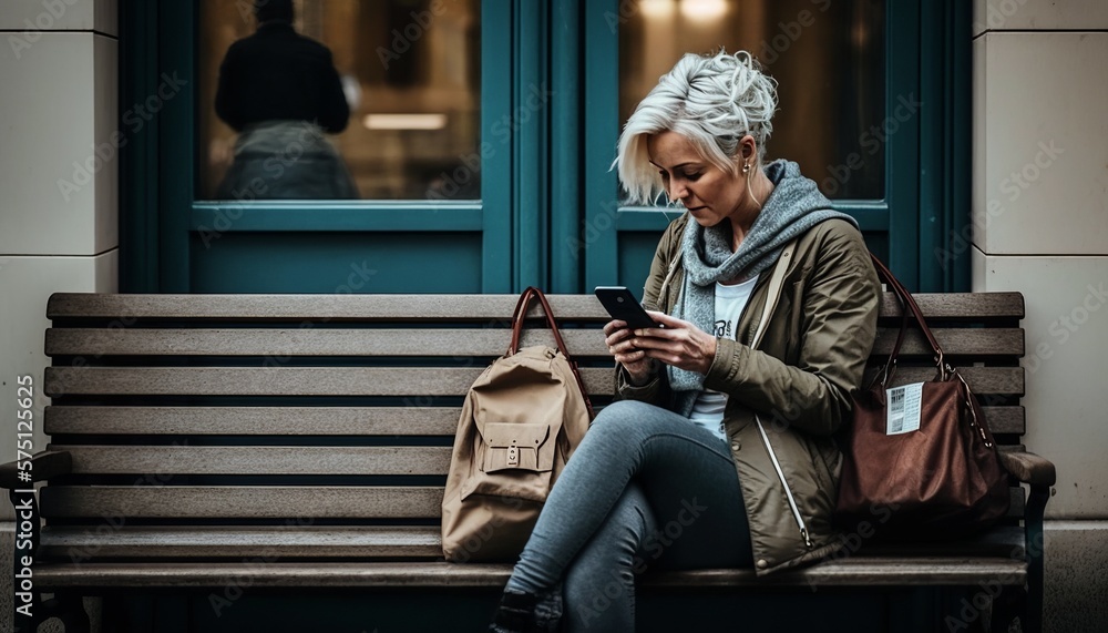 young girl sitting on a bench and waiting for public transport while using smartphone. ai generative young girl sitting on a bench and waiting for public transport while using smartphone. ai generative