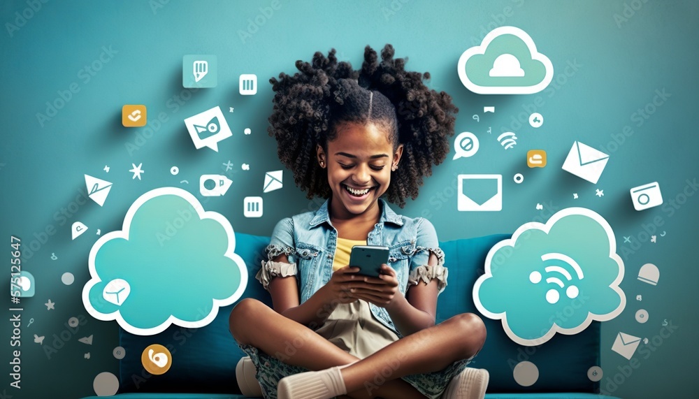 young girl sitting in bed using a smartphone or socialmedia. with icons flying around her. ai generative young girl sitting in bed using a smartphone or socialmedia. with icons flying around her. ai generative
