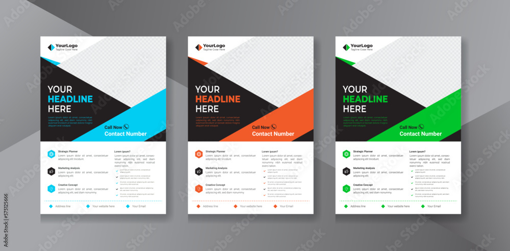 Corporate business flyer template design set with blue, orange, and Green color. marketing, business proposal, promotion, advertise, publication,