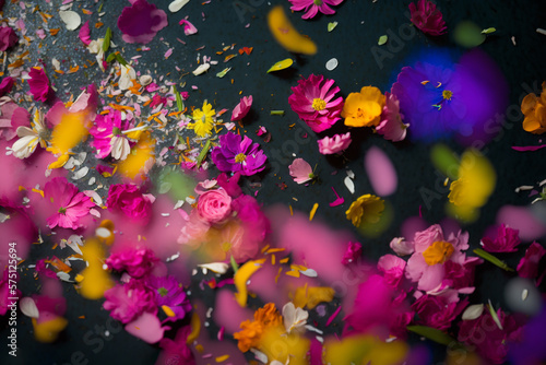scattered petals and subtly flowers lie on the dark background,generative ai.