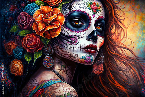 Day of the Dead woman with skull face paint, flowers in red hair. Generative AI