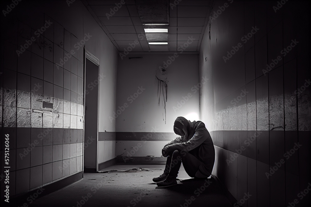 Alone man silhouette sitting on the table closed with curtains in home