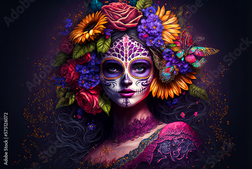 Day of the Dead woman portrait, skull face paint, flowers in hair. Generative AI