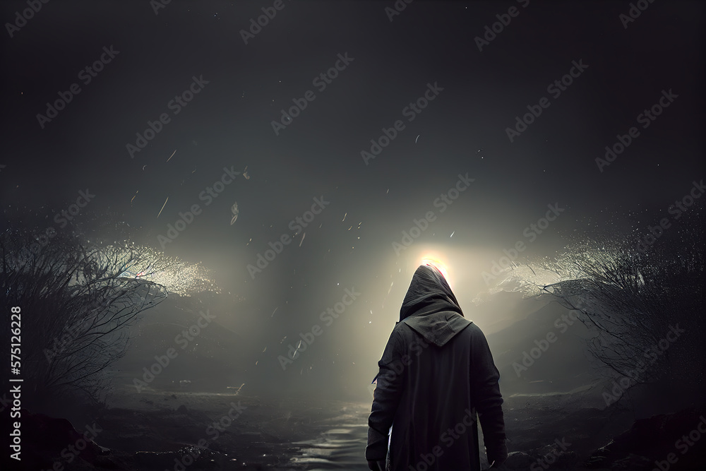 person standing in the foggy and dark forest, Generative AI illustration person standing in the foggy and dark forest, Generative AI illustration
